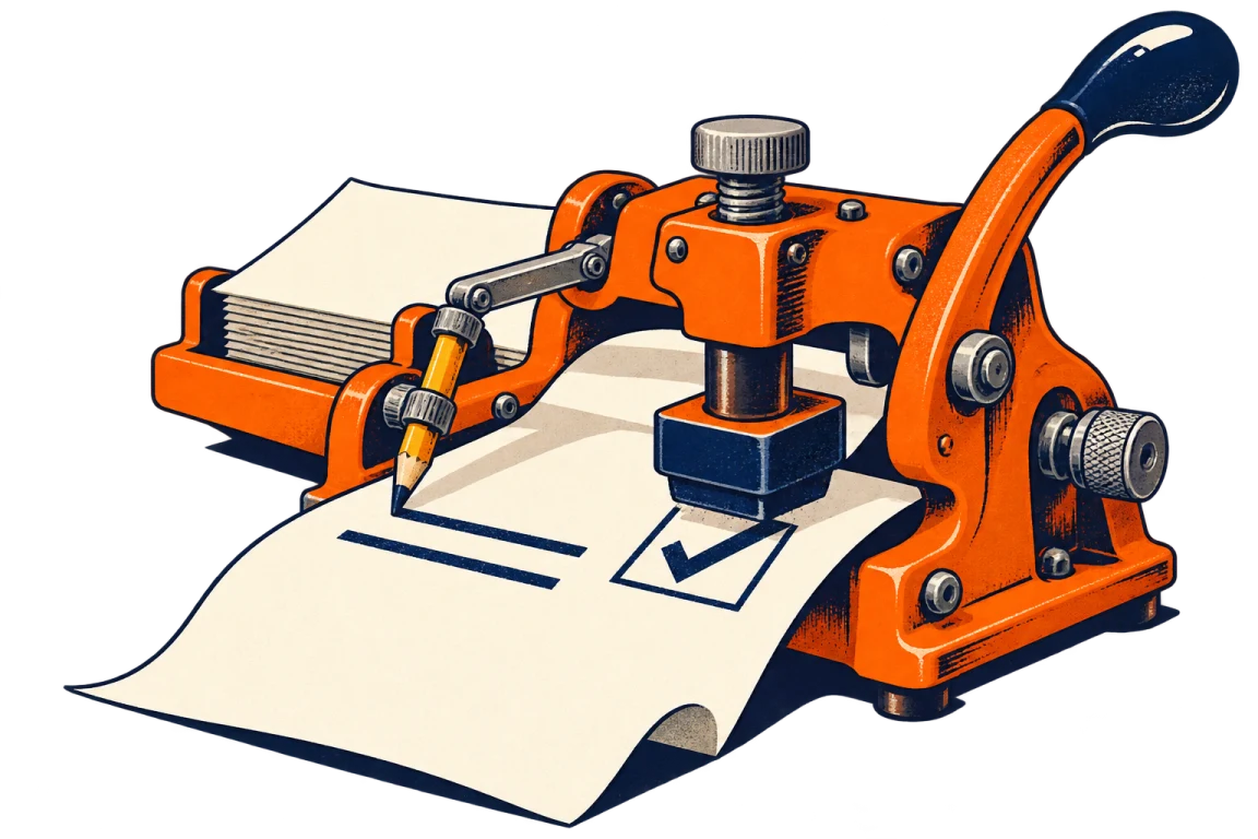 An orange stamp press and its pencil arm put ink and a tick on a sheet of paper.